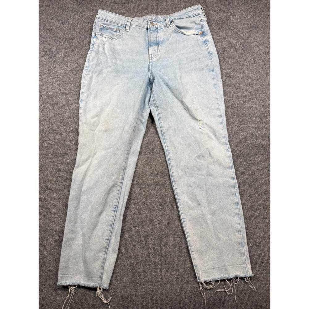Old Navy O.G. Straight Jeans Women 14 Blue Denim Distressed High Rise Frayed Hem